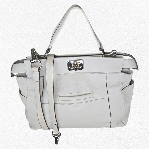 Y2K B. Makowsky Ivory Leather Satchel Purse – Convertible Shoulder Crossbody Bag - Picture 1 of 16